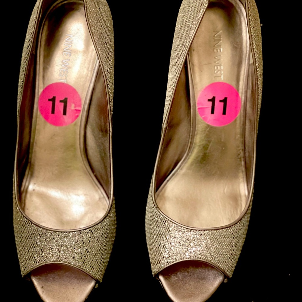 Silver sequined open toe heels